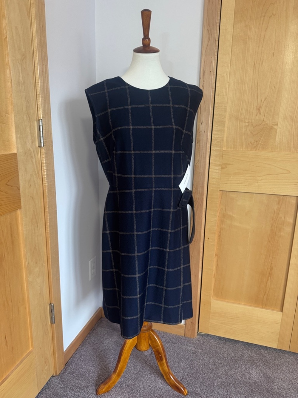 Calvin Klein Black Windowpane Midi Sheath Dress with Buckle